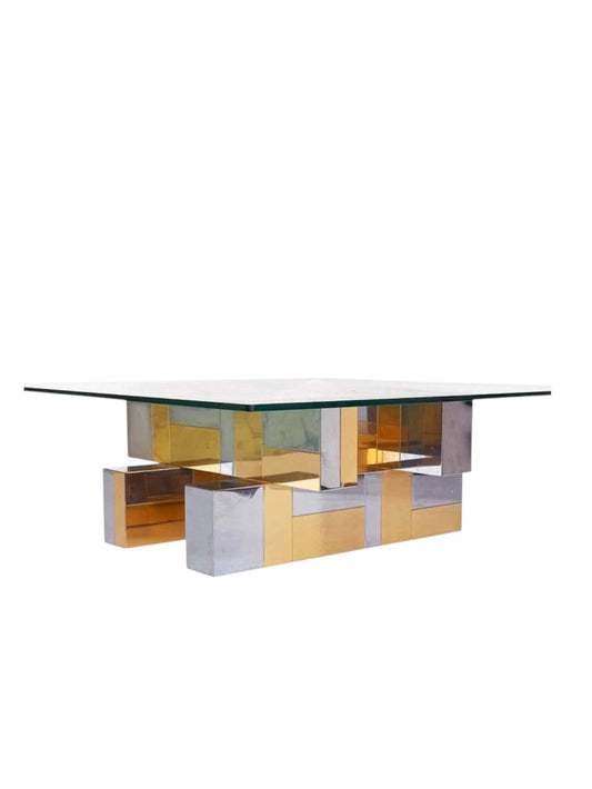 Cityscape-Style Brass, Chrome & Glass Coffee Table, Attributed to Paul Evans