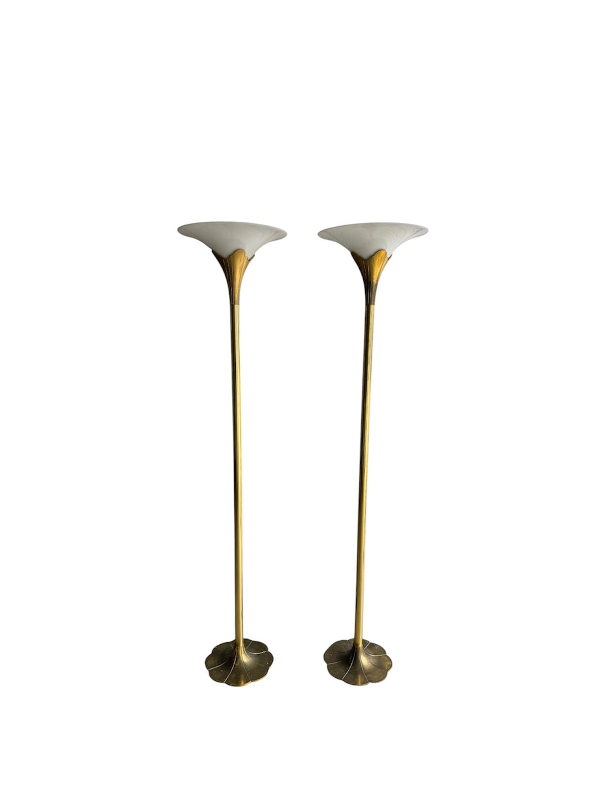 Stiffel Solid Brass Lotus Torchiere Floor Lamps, Pair