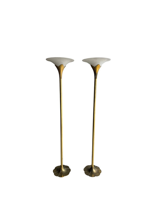 Stiffel Solid Brass Lotus Torchiere Floor Lamps, Pair