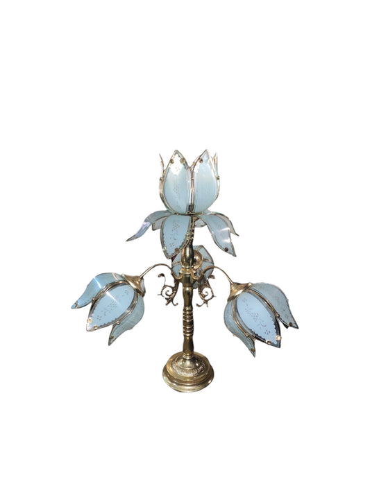 Italian Hollywood Regency Ice Blue and Brass Ornate Tulip and Lotus Touch Flower Lamp