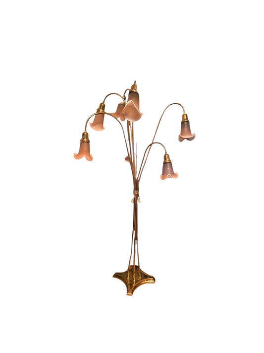 Rare Hollywood Regency Ombre Glass Tulip and Heavy Brass  Floor Waterfall Flower Lamp
