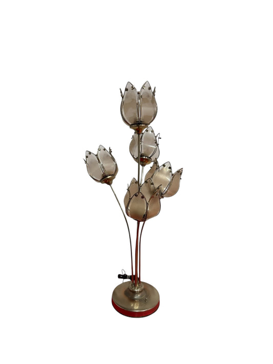 Hollywood Regency Pink and Brass Tulip and Lotus Bouquet Table Flower Lamp