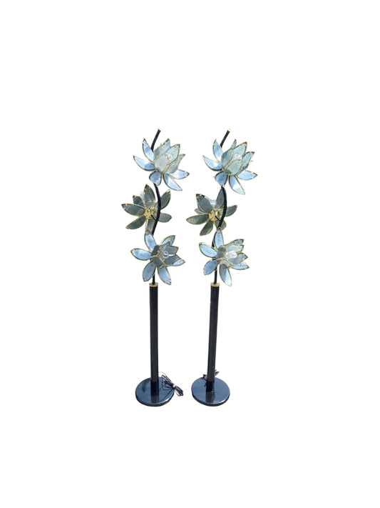 Hollywood Regency Blue And Black Floral Lotus Floor Flower Lamp