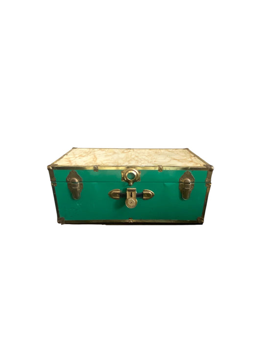Hollywood Regency Brass and Kelly Green Storage Trunk with Faux Marble top
