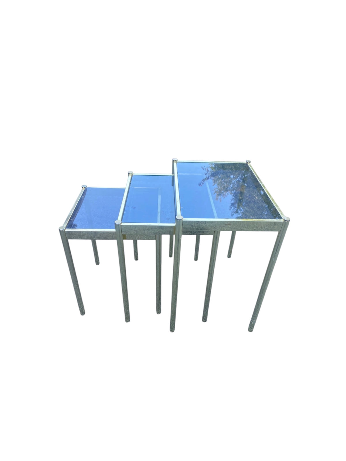 Hollywood Regency Heavy Brass Smokey Glass Set Of 3 Nesting Side Tables Plant Stands