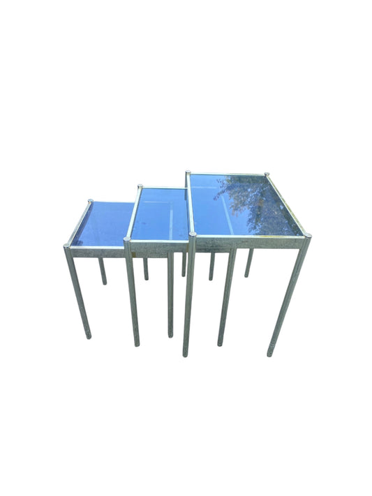 Hollywood Regency Heavy Brass Smokey Glass Set Of 3 Nesting Side Tables Plant Stands