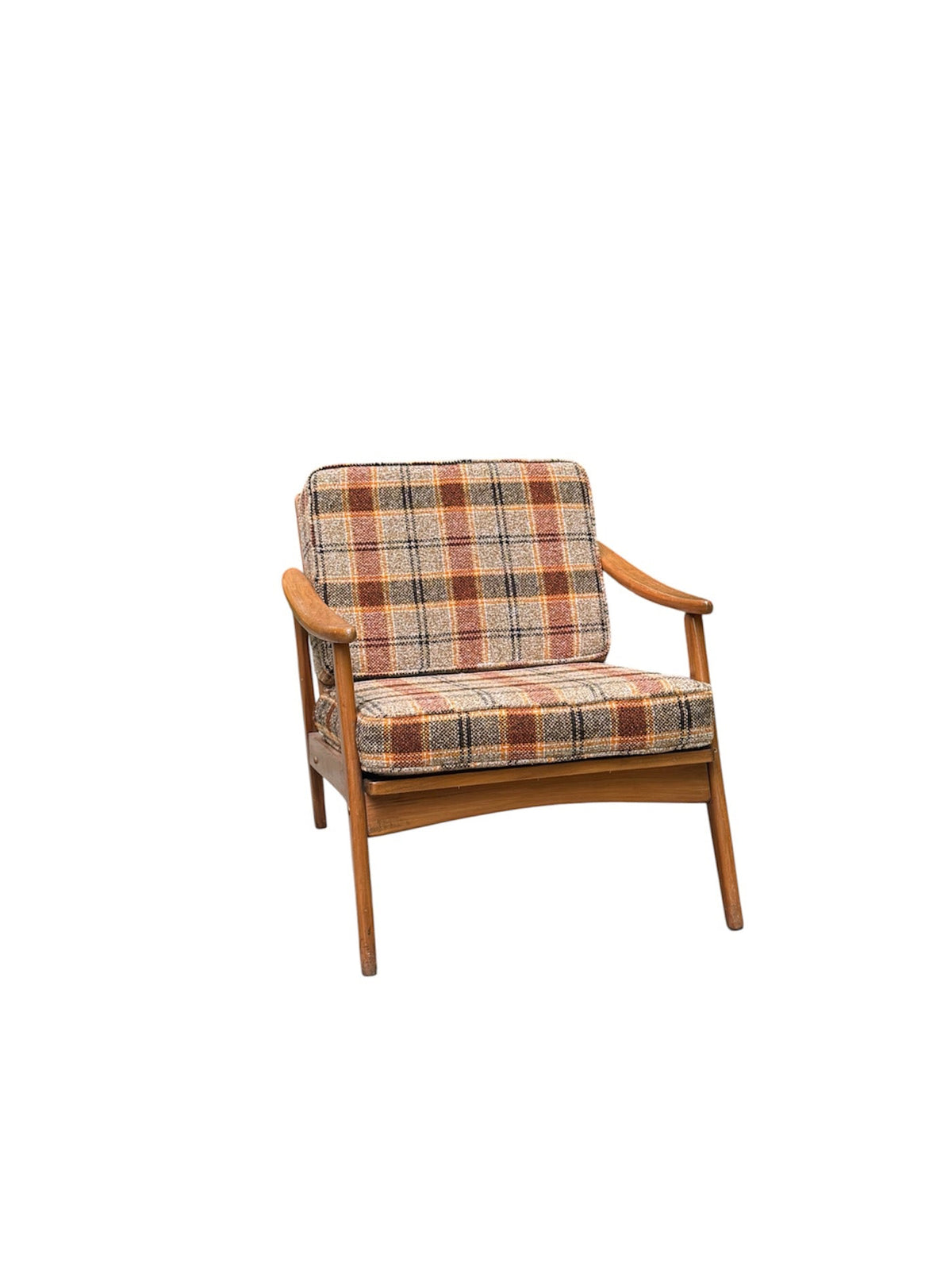Mid-Century Wood Frame Lounge Chair with Plaid Upholstery