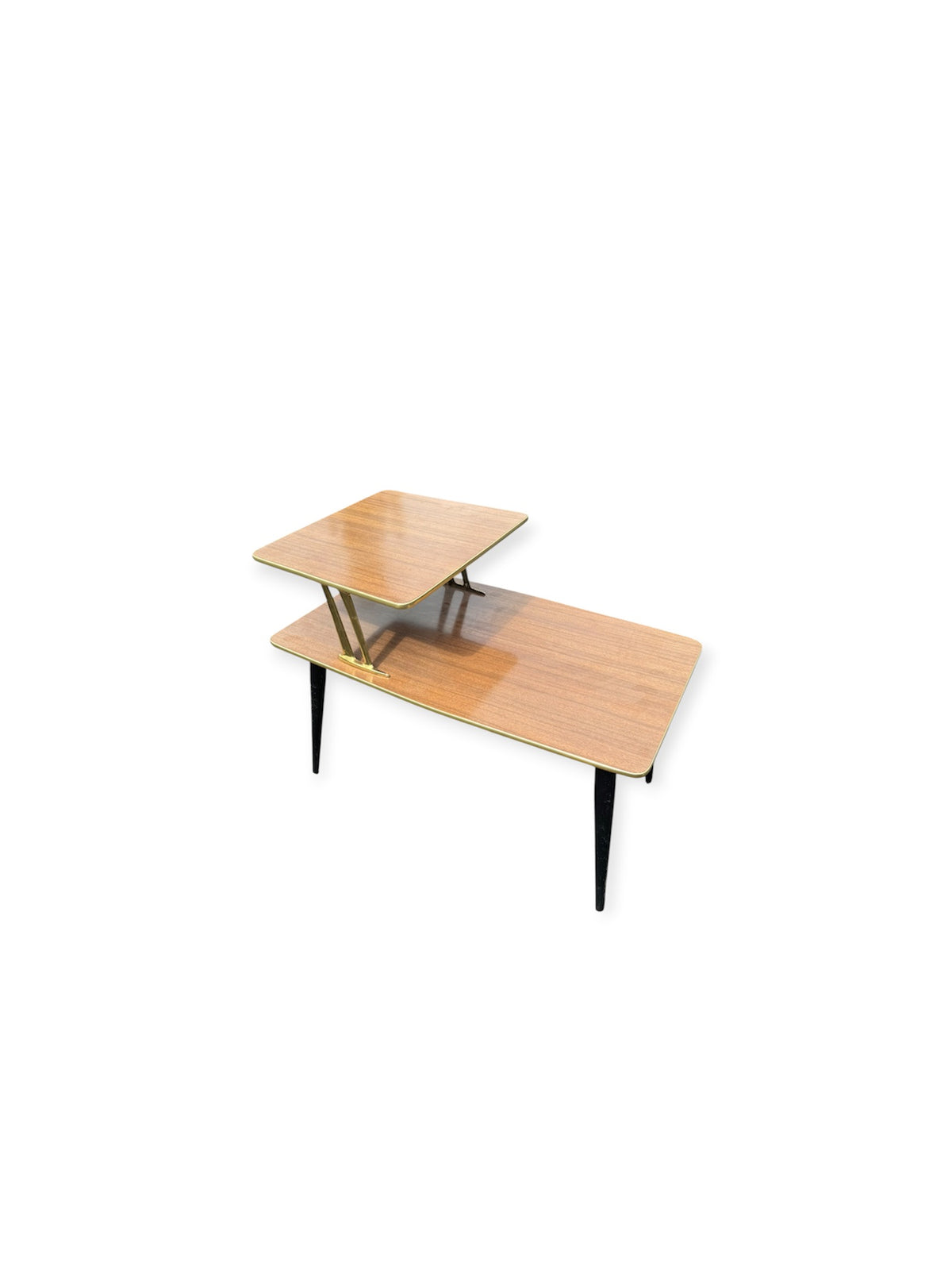Two-Tier Mid Century Atomic Side Table with Brass Frame and Tapered Legs