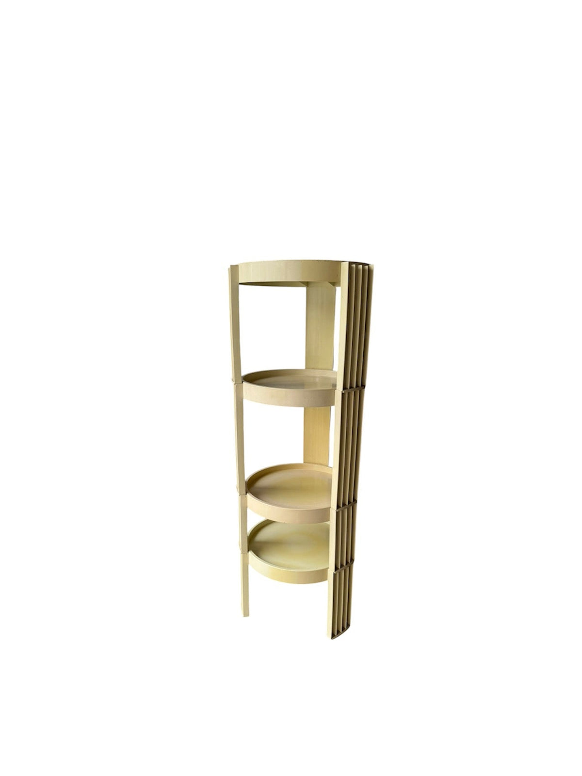 A modern three-tier corner shelf in a warm brass or gold finish, featuring a slatted side panel and circular shelves, shown against a plain white background.