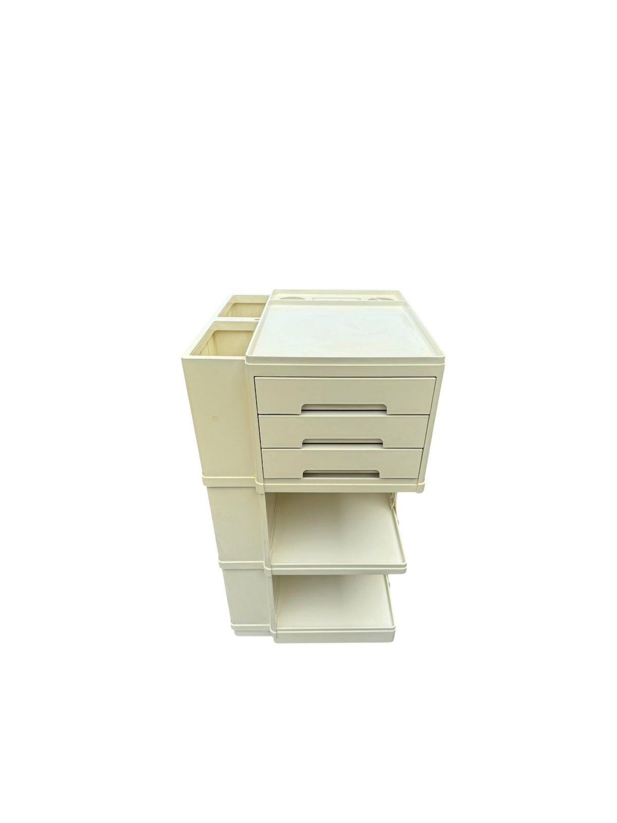 A cream-colored plastic organizer cabinet with three drawers, a top tray, and an open lower shelf, shown on a plain white background.