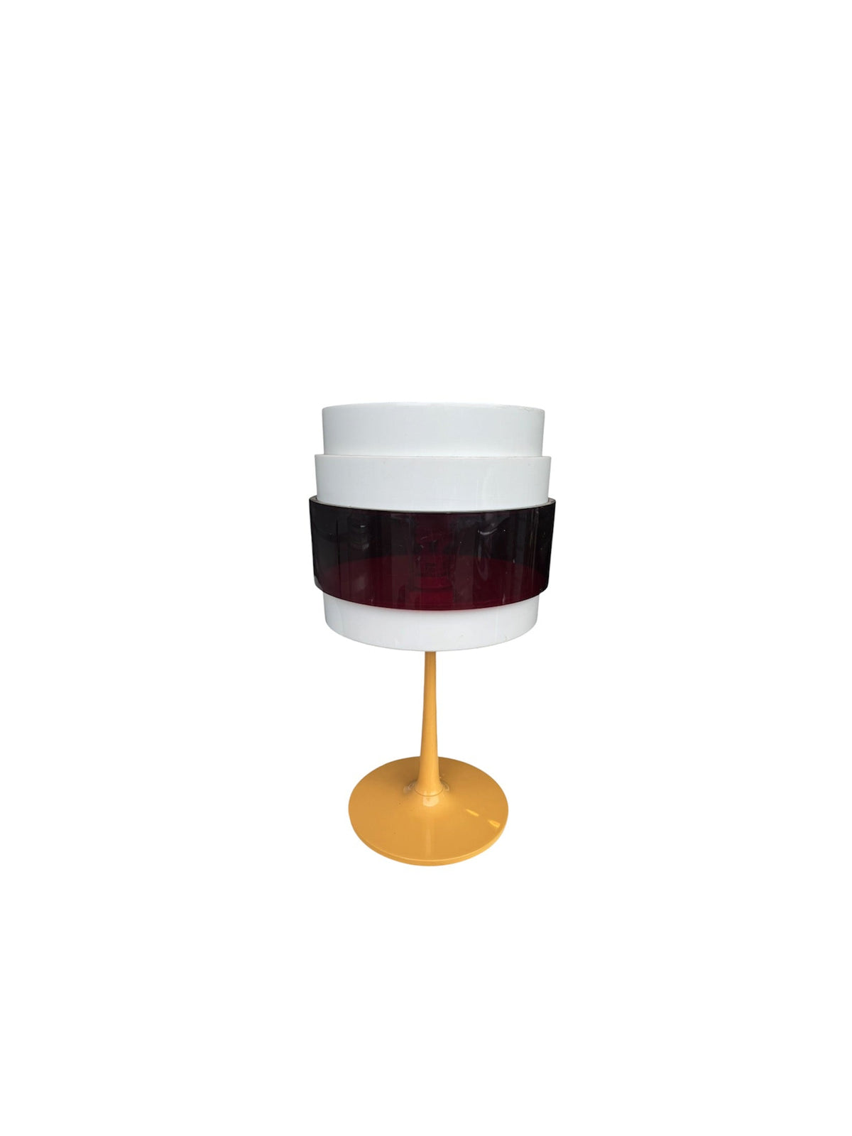 A modern table lamp featuring a tiered white shade with a dark burgundy band, mounted on a gold-colored metal stem and round base, set against a plain white background.