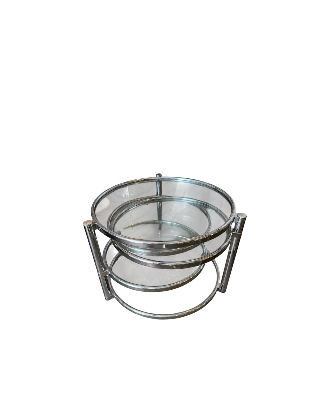A three-tier round glass chafing dish set with a polished chrome metal frame and handles, isolated on a white background.