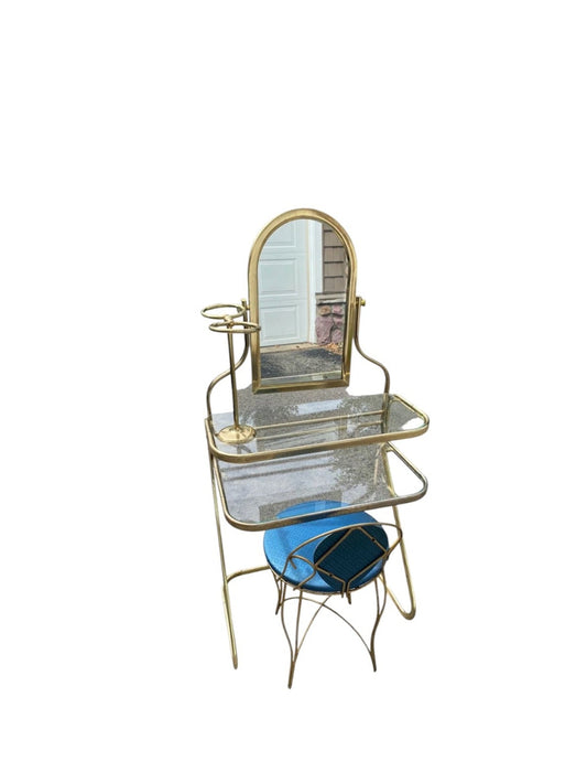 Rosalco Hollywood Regency Brass Abstract Makeup Vanity or Dressing Table and Stool