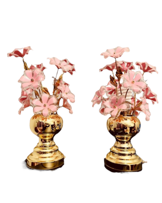 Hollywood Regency Pink Lucite and Brass Small Touch Flower Lamps