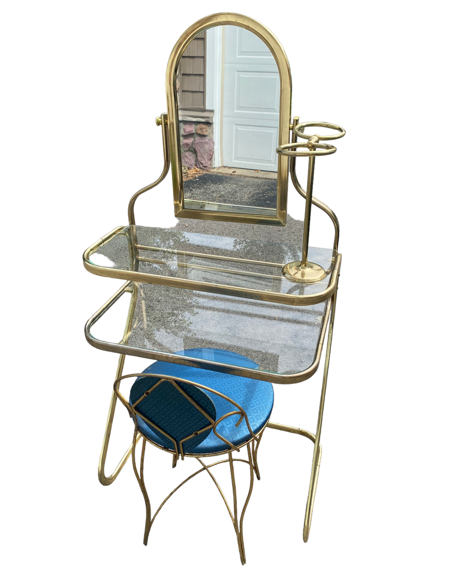 Hollywood Regency Brass Abstract Makeup Vanity or Dressing Table and Stool