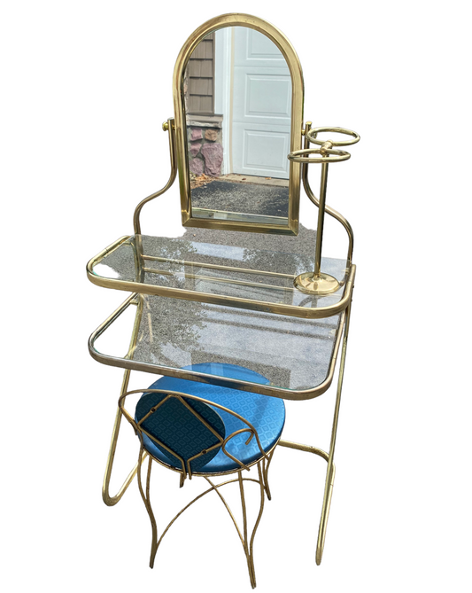 Hollywood Regency Brass Abstract Makeup Vanity or Dressing Table and Stool