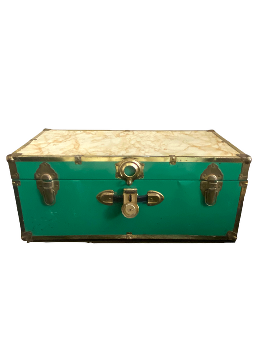 Hollywood Regency Brass and Kelly Green Storage Trunk with Faux Marble top