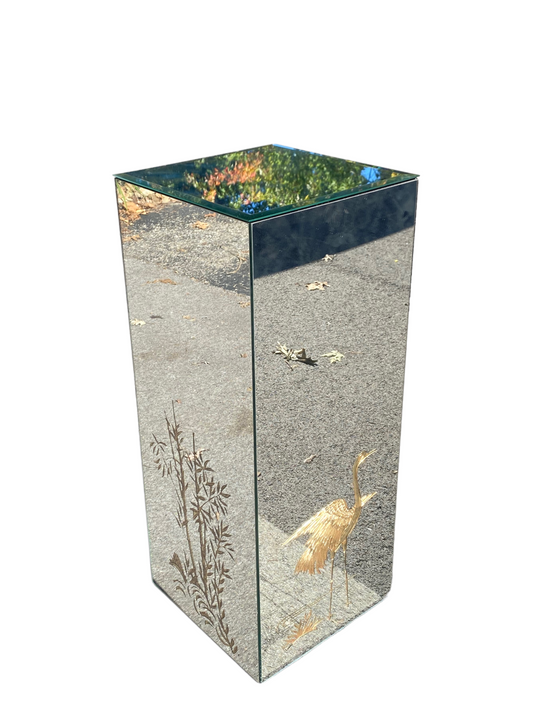 Hollywood Regency Mirror and Gold Etched Crane Pedestal Display Column