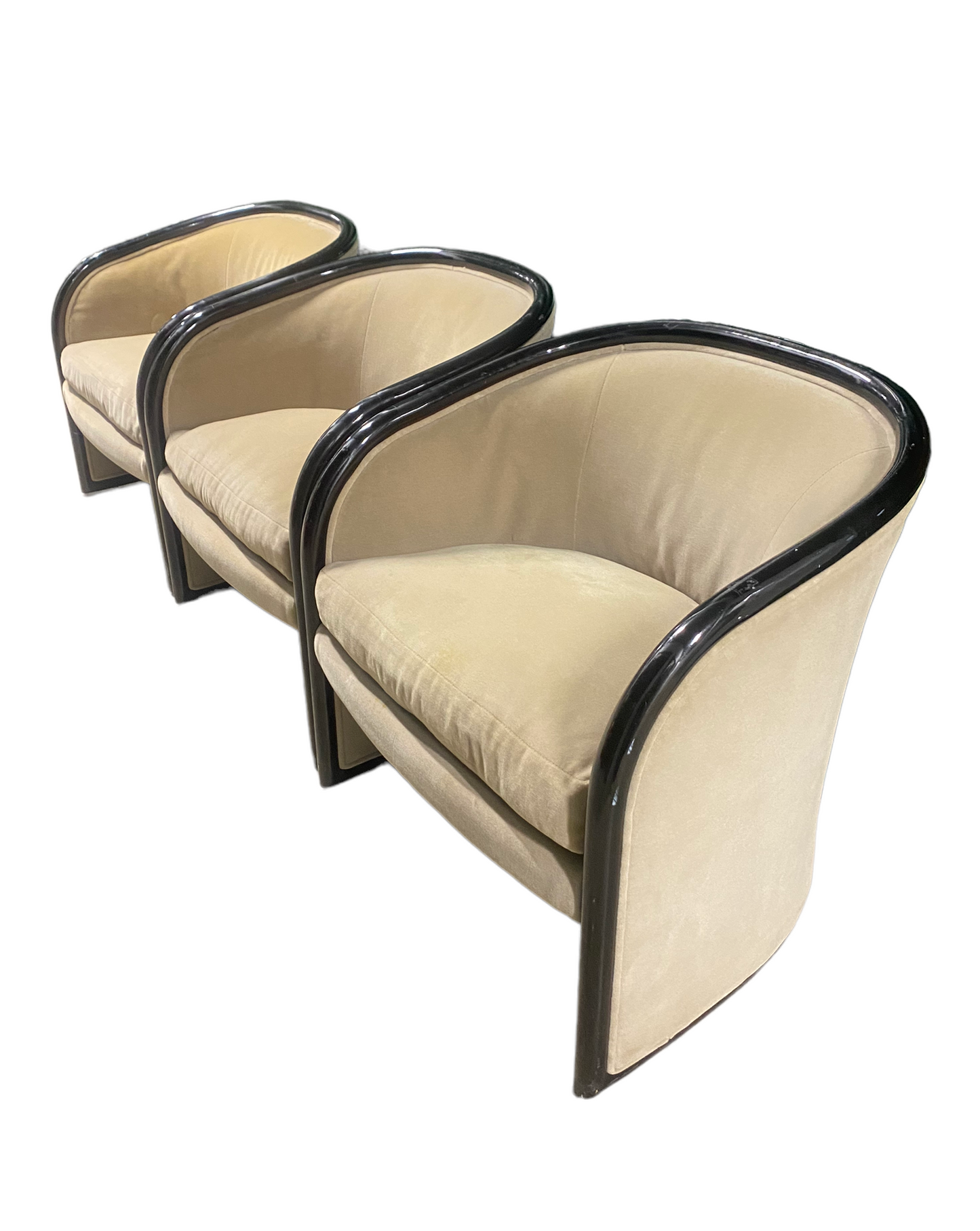Rare Art Deco Hollywood Regency Velour Bucket Tub Chairs Set of 3