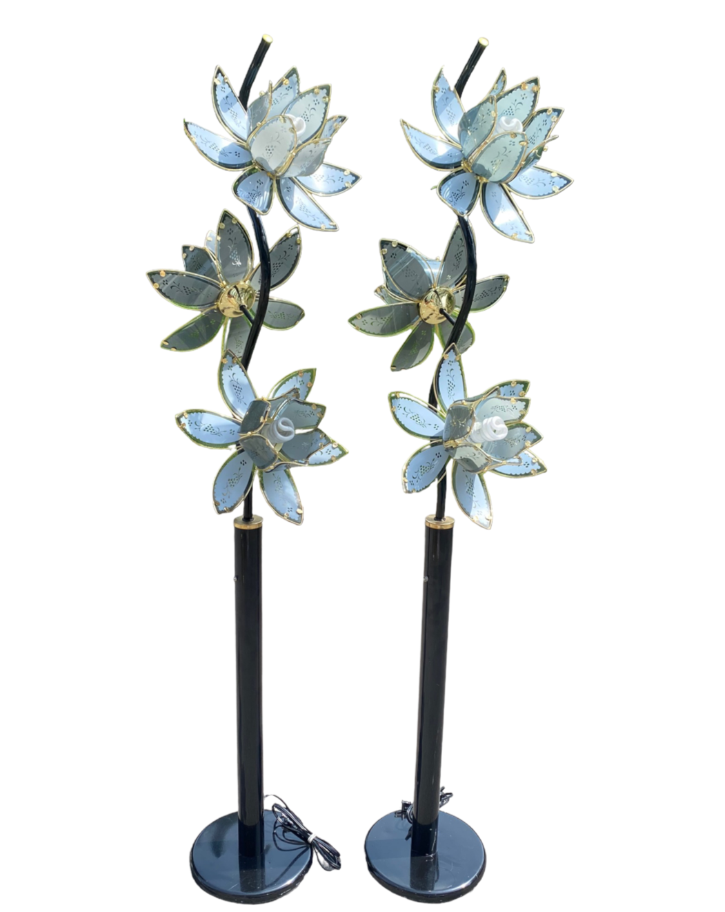 Hollywood Regency Blue And Black Floral Lotus Floor Flower Lamp
