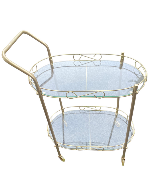 Hollywood Regency Brass And Glass Two Tier Tea or Bar Cart On Wheels