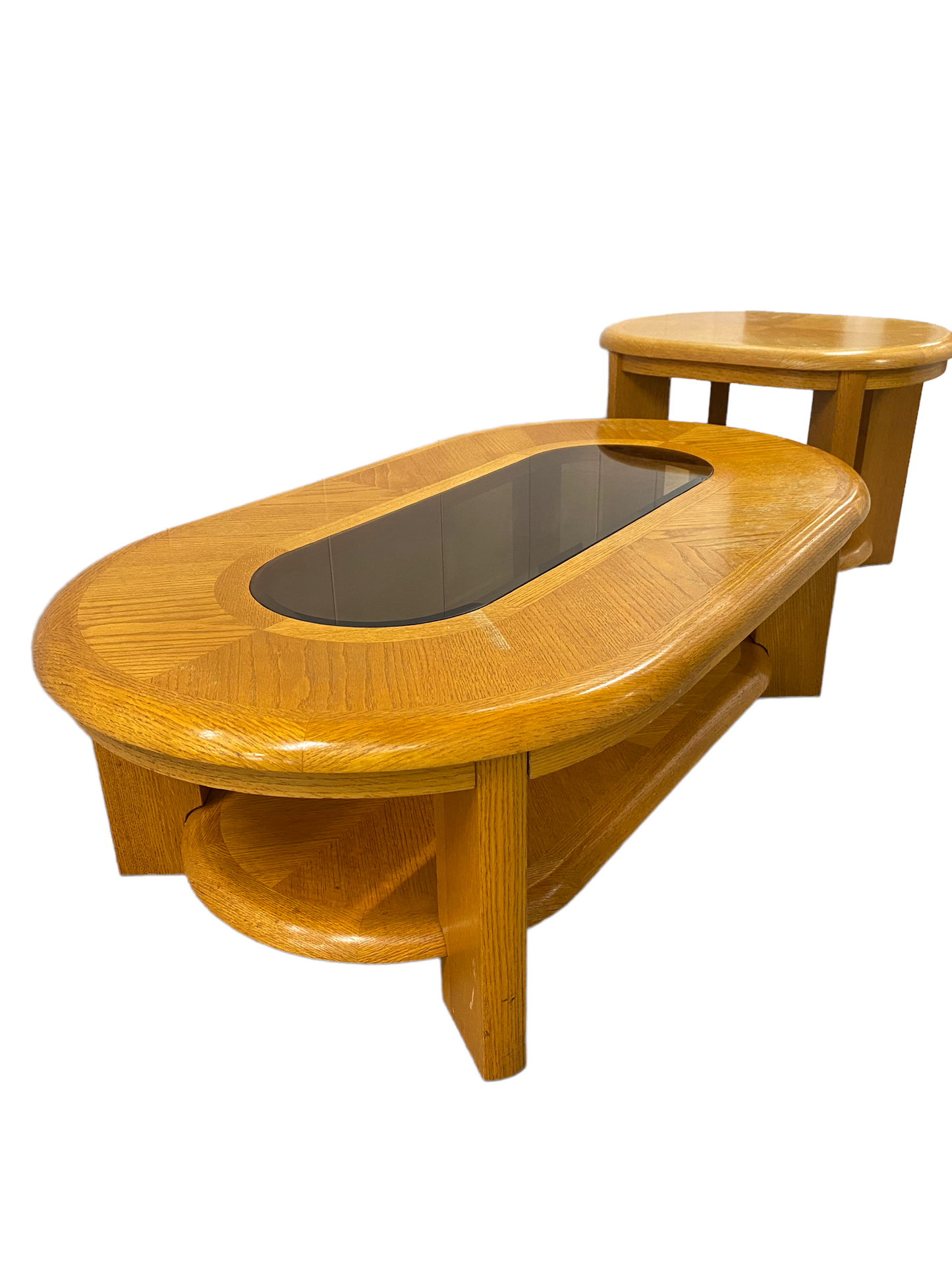 Oval Solid Oak Wood and Glass Inlay Multi-Level MCM Coffee Table and Side Table Set