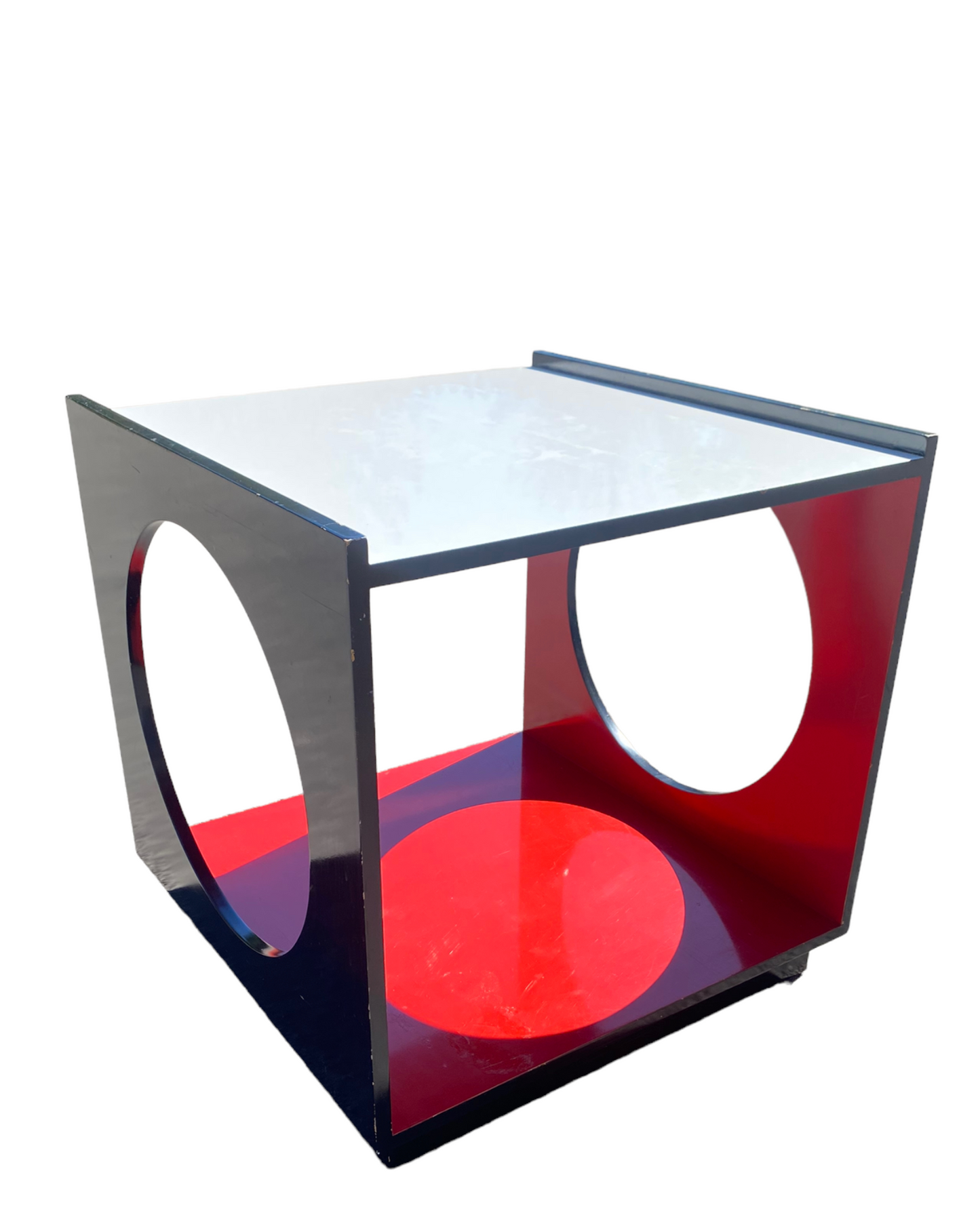 Cubic Wooden MCM Pop Art Red and Black Side Table With Round Cutouts