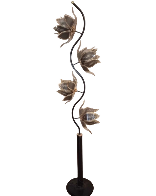 Hollywood Regency Tall Black and Grey Lotus Floor Flower Lamp