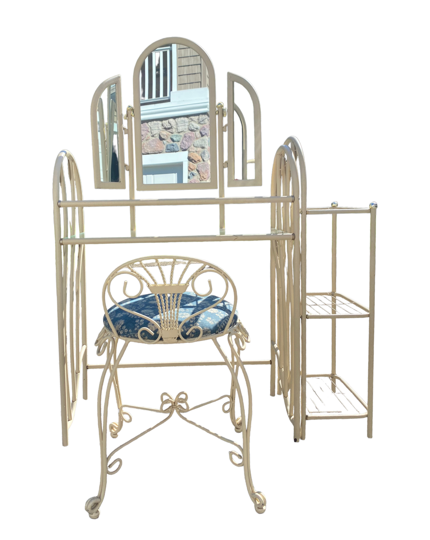 Rare Hollywood Regency Beige Ornate Vanity Complete Set with Leaf Details