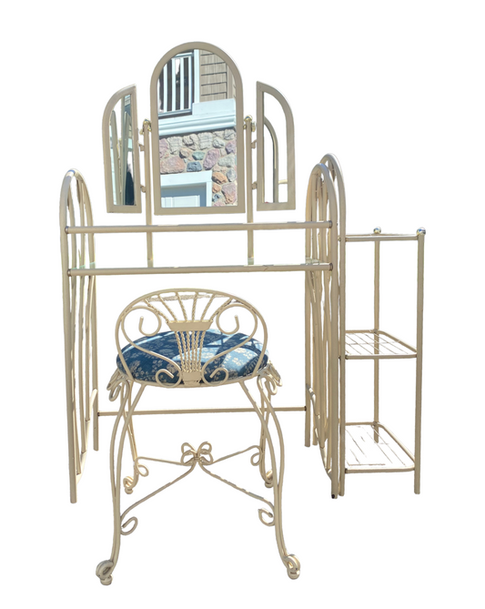 Rare Hollywood Regency Beige Ornate Vanity Complete Set with Leaf Details