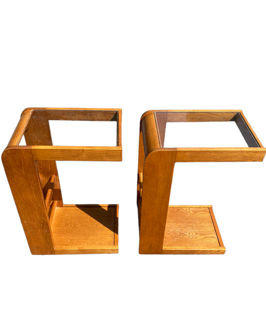 Pair of Two Wooden and Glass MCM Cantilever Side Tables With Magazine Racks