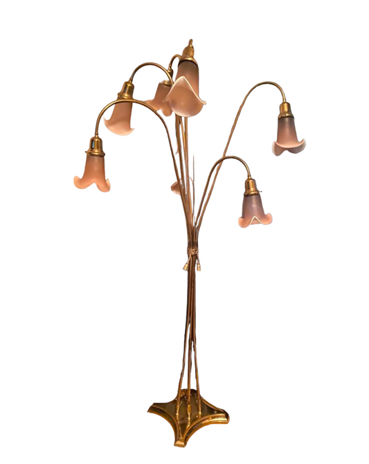 Rare Hollywood Regency Ombre Glass Tulip and Heavy Brass  Floor Waterfall Flower Lamp