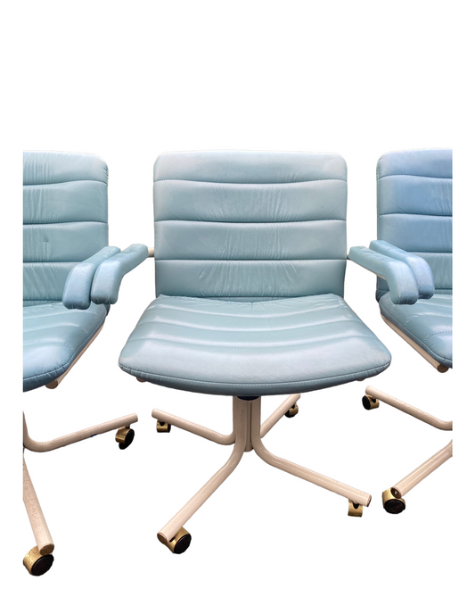 Palm Beach Regency ChromeCraft Tiffany Blue and White Leather Swivel Dining Chairs Set of Four