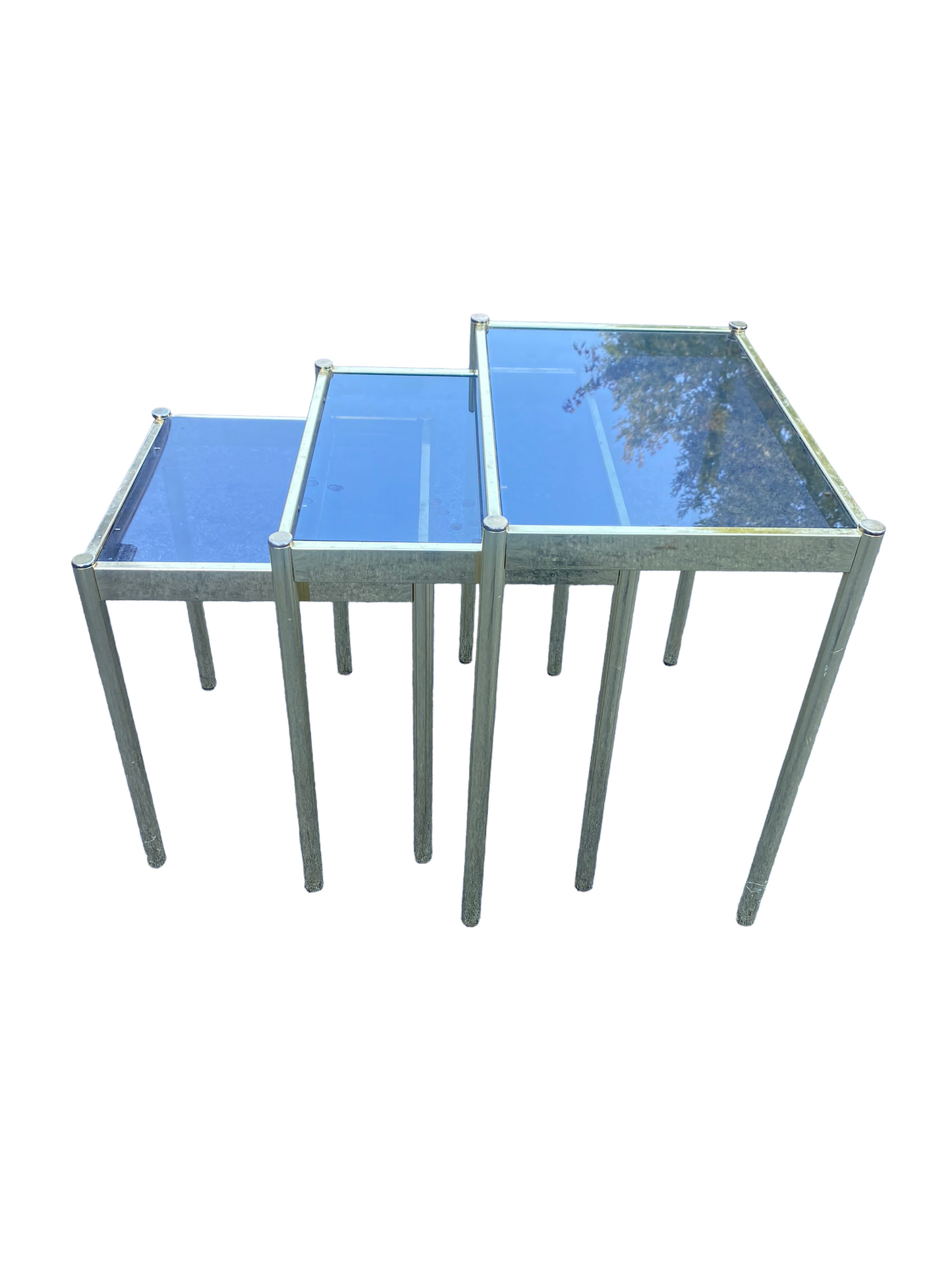 Hollywood Regency Heavy Brass Smokey Glass Set Of 3 Nesting Side Tables Plant Stands