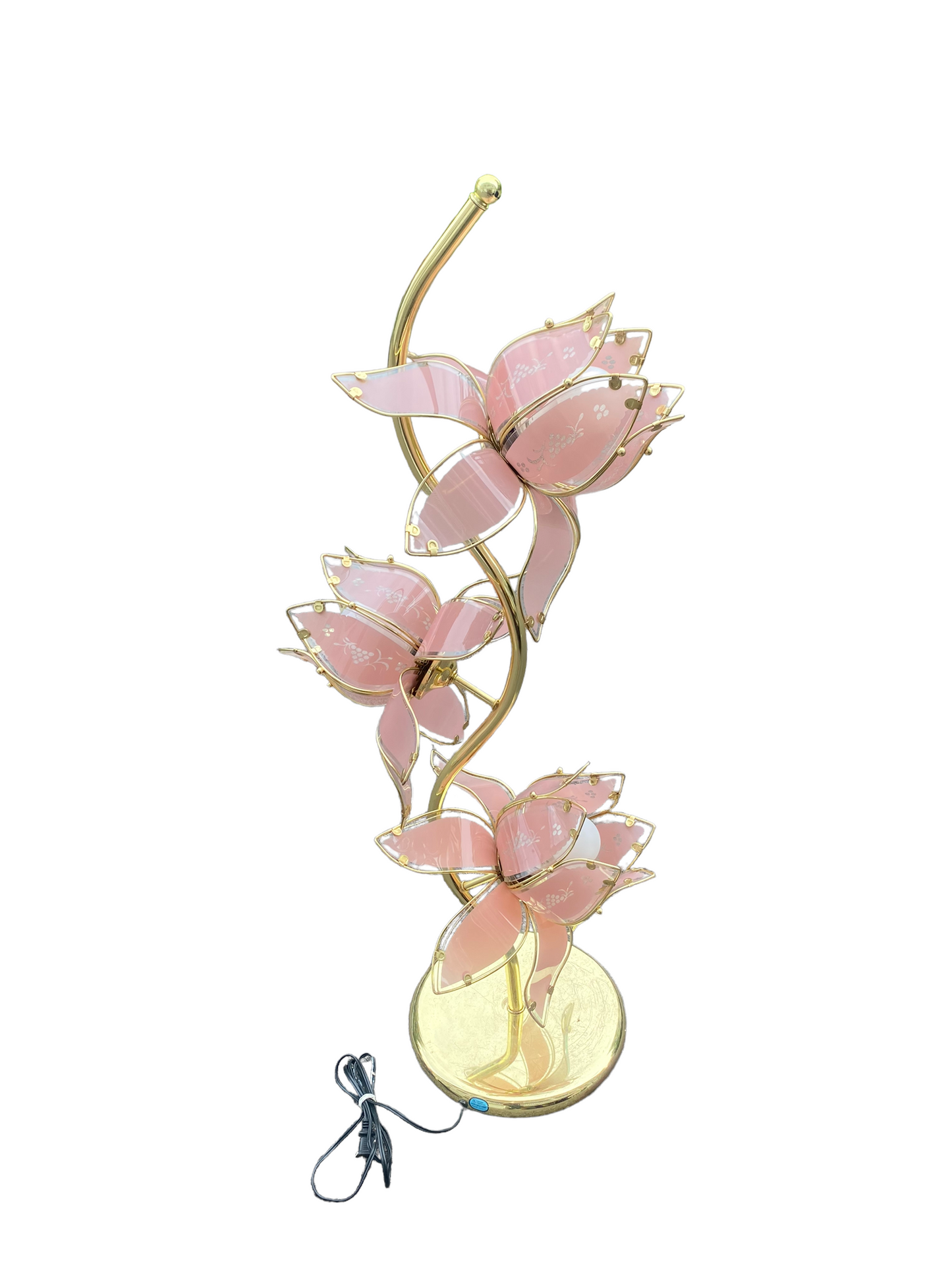 Hollywood Regency Brass And Pink Glass Lotus Table Flower Lamp