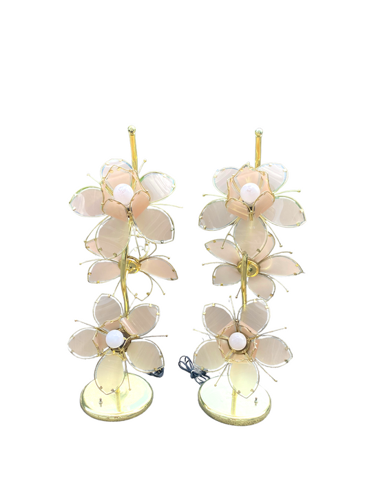 Hollywood Regency Dusty Pink and Brass Glass Table Lotus Flower Lamp