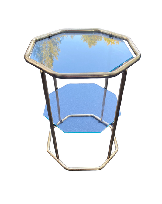 Hollywood Regency Brass And Glass Octagonal 3-Tier Shelf Table Plant Stand