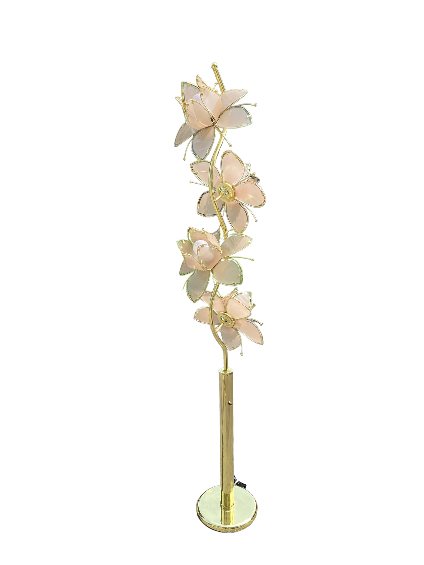 Hollywood Regency Italian Glass Gilded Brass Lotus Floor Flower Lamp
