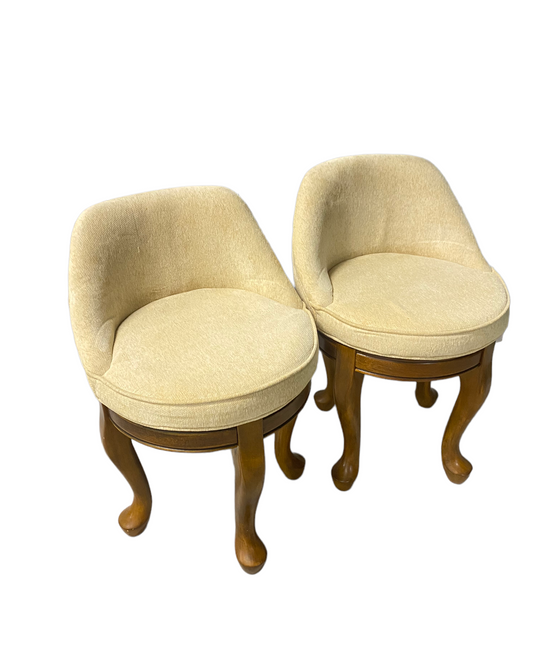 Hollywood Regency Swivel Wood and Cream Soft Knit Vanity Stools