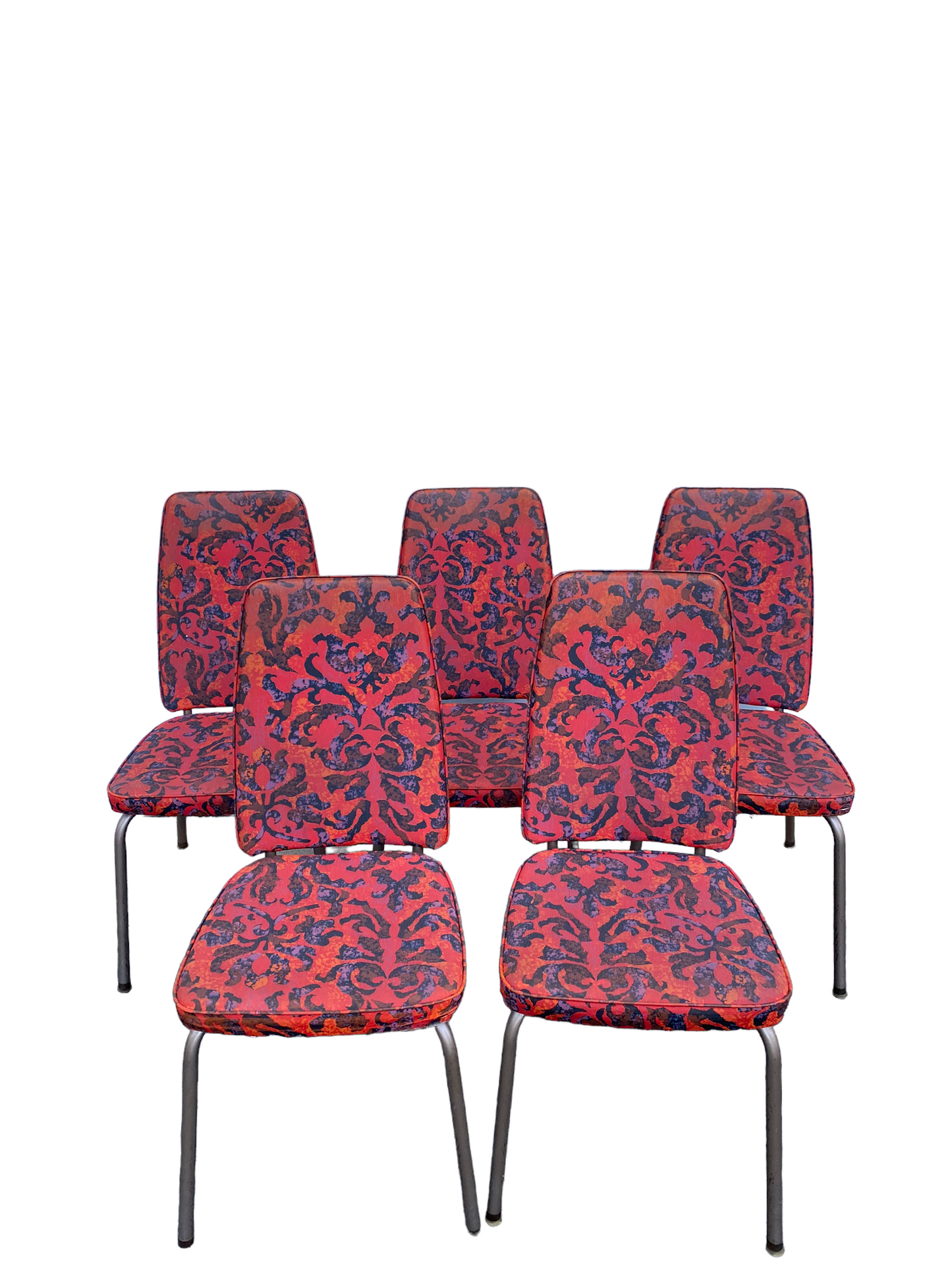 Red Patterned Vinyl and Chrome MCM High Back Brody Dining Chairs Set Of Five