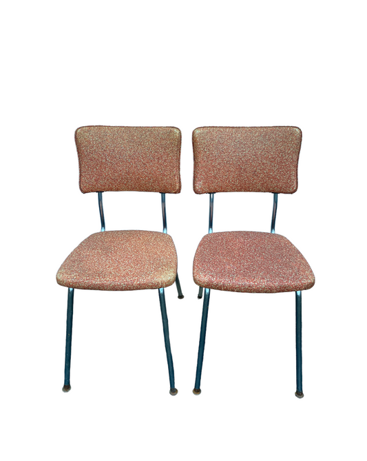 Vintage MCM 1950’s Orange Abstract Pattern Chrome Dining Chairs Pair