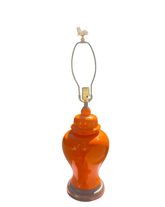 Orange and Brass Stiffel MCM Ceramic Lamp with Rare Horse Finial