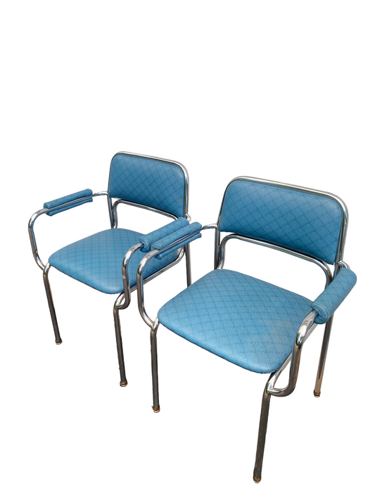 Palm Beach Regency Blue And Chrome Chairs with Arm Rests Dining Set of Two