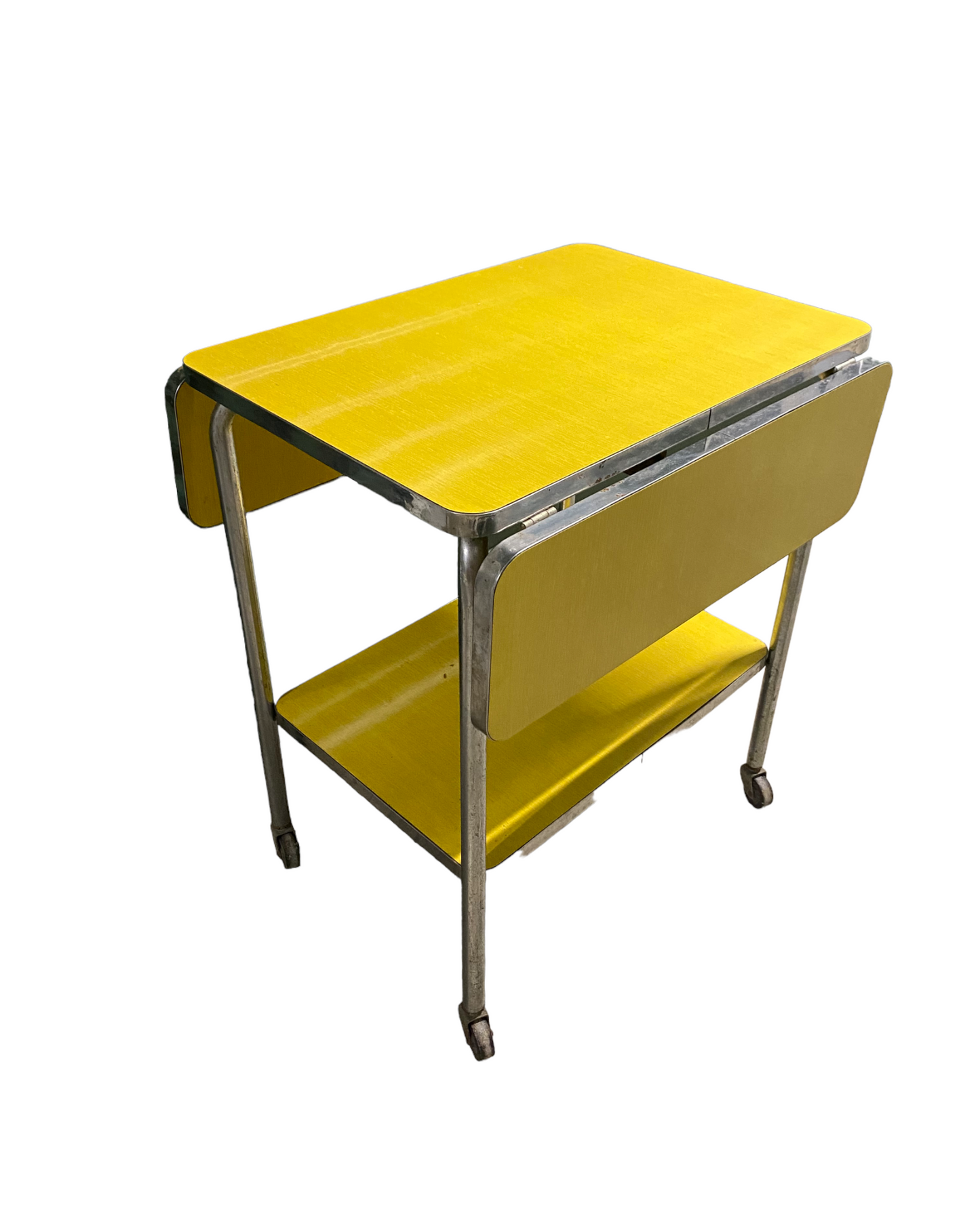 Retro MCM Yellow Chrome Formica Dining Table Island with Folding Leaves on Caster Wheels