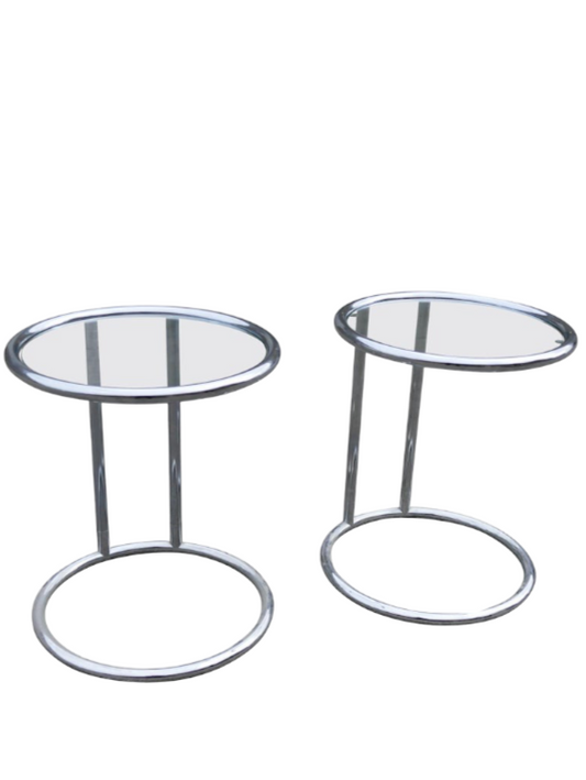 Simple Round Chrome And Glass MCM Cantilever Side Tables