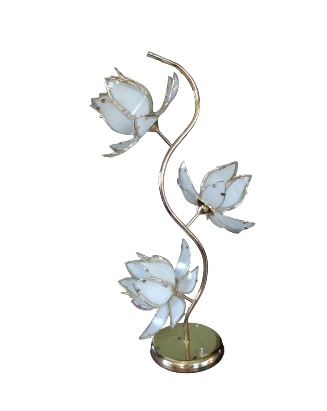 Hollywood Regency White and Brass Glass Lotus Table Flower Lamp