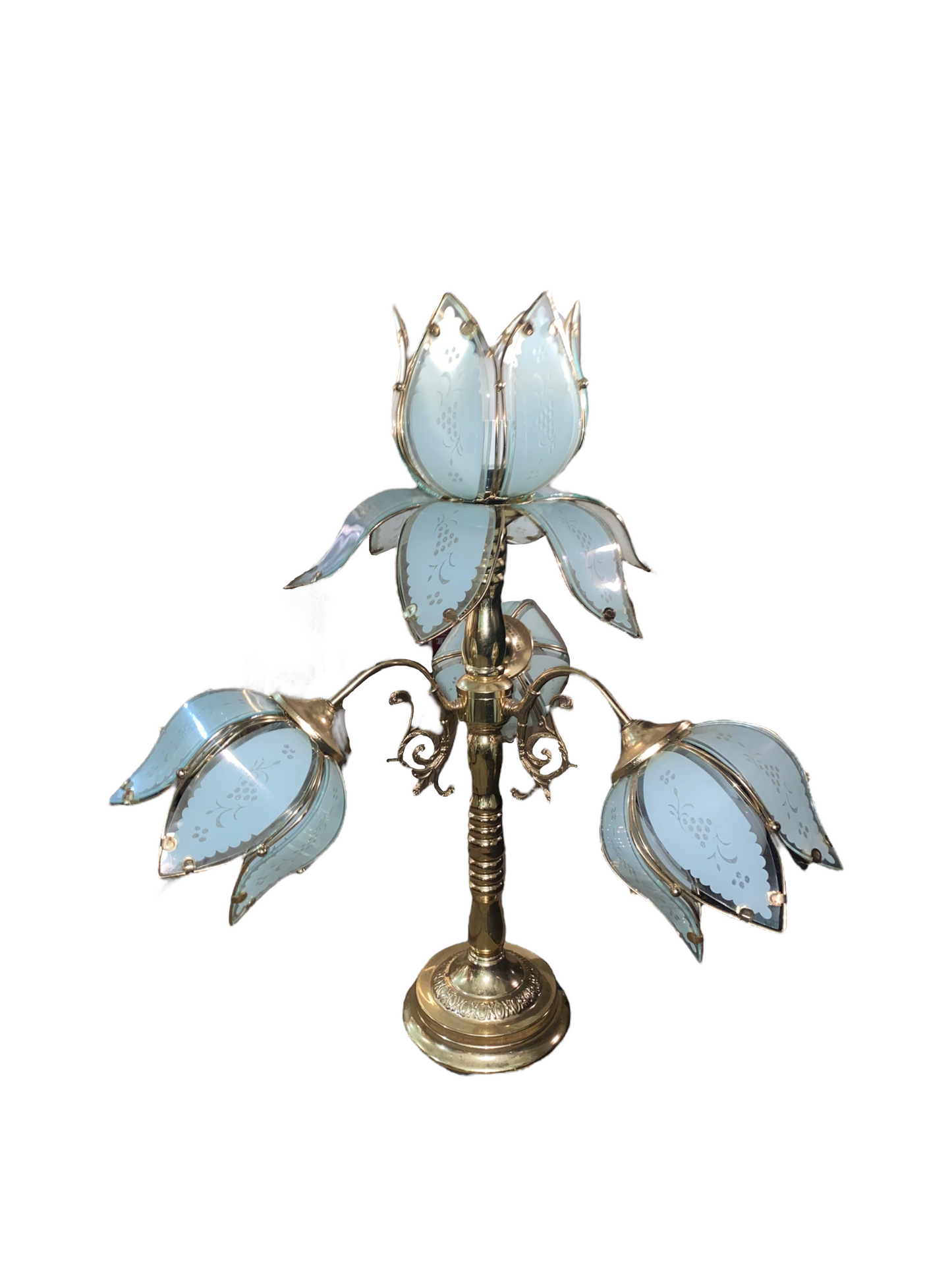 Italian Hollywood Regency Ice Blue and Brass Ornate Tulip and Lotus Touch Flower Lamp